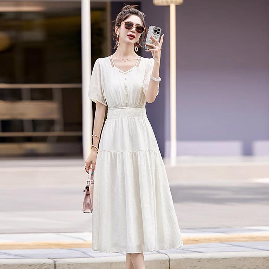 Popular Pink Dress Medium and Long Women's Summer New Waist Popular Beautiful Casual Bubble Sleeve Skirt