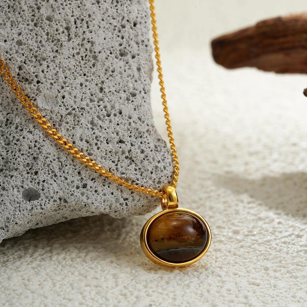 

Vintage Natural Stone Tiger Eyes Oval Pendant Necklace for Women Stainless Steel Chain Necklaces Femme Zircon Bijoux Gift