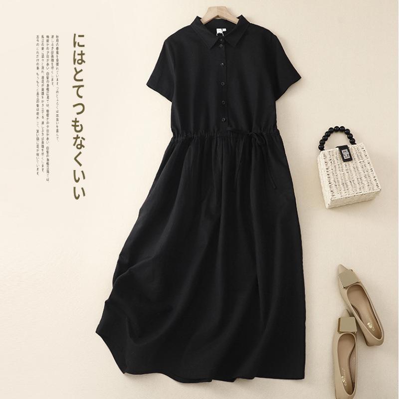 Xinxing 2025 Summer Cotton Linen Retro Short Sleeve Mid-Length Shirt Dress for Women
