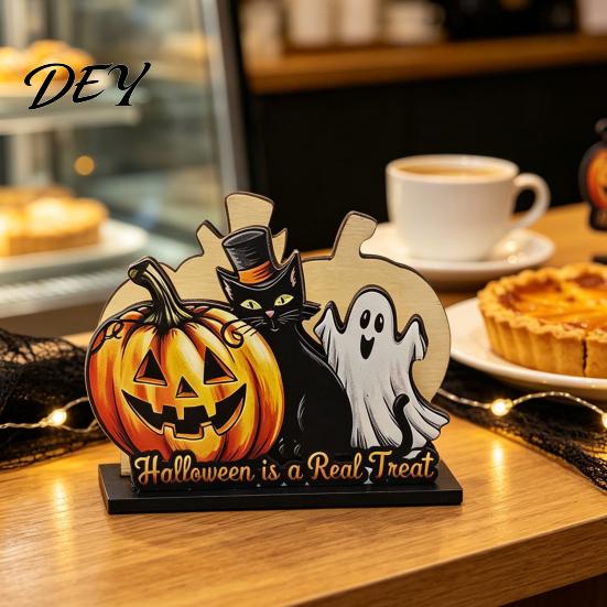 Cute Desktop Storage Box Halloween Wooden Napkin Holder, Pastel Pumpkin Ghost Black Cat Tabletop Tissue Dispenser, Waterproof Party Table Decor