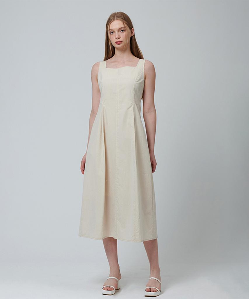 PINBLACK Square Neck Pintuck Sleeveless Dress Beige