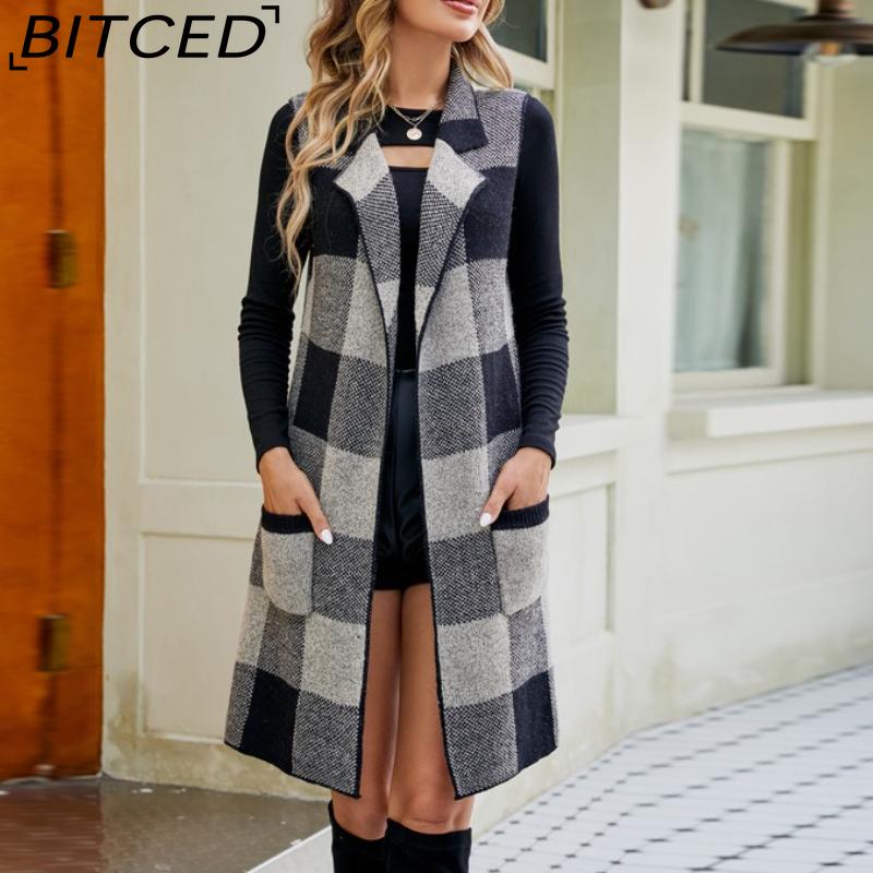BITCED Women's Longline Blazer-Collar Sleeveless Knit Cardigan Check Jacquard Knitted Vest Outerwear Cardigan