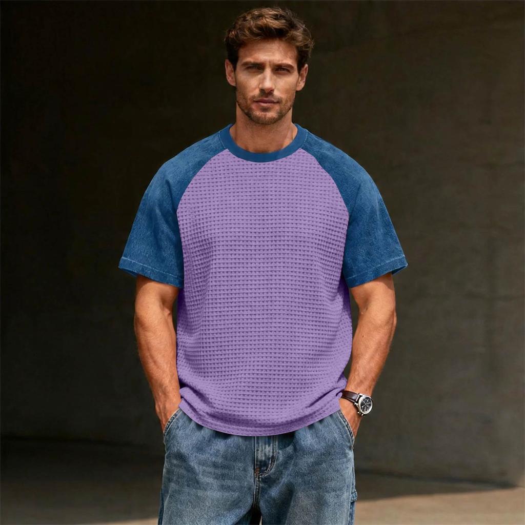 Men's Casual Lightweight Waffle Knit Raglan Short Sleeve Crew Neck Shirt Loose Fit Big Size Top for Everyday Wear