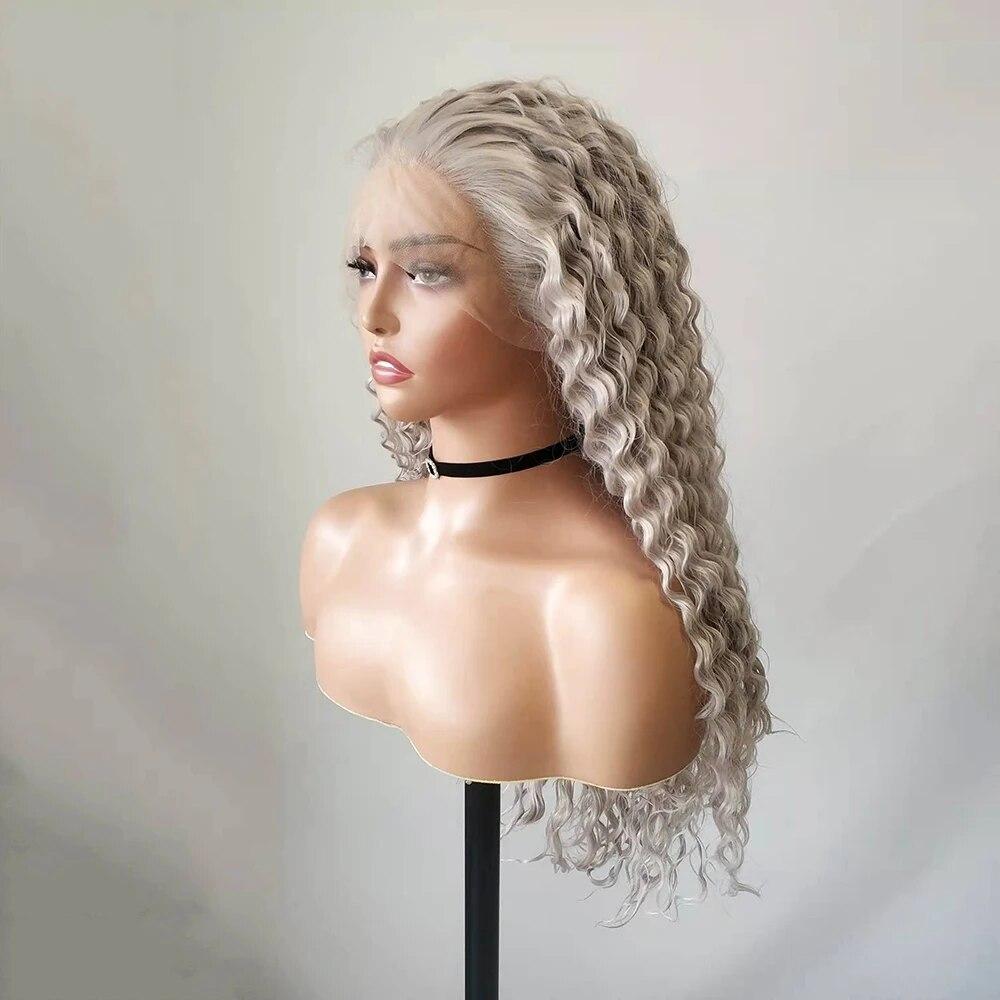 Graue lange verworrene Locken-Synthetik-Perücke, tiefe Locken, gewellt, Wärmefaser, natürlicher Haaransatz, Lace-Front-Perücken, tägliches Make-up, Haare verwenden