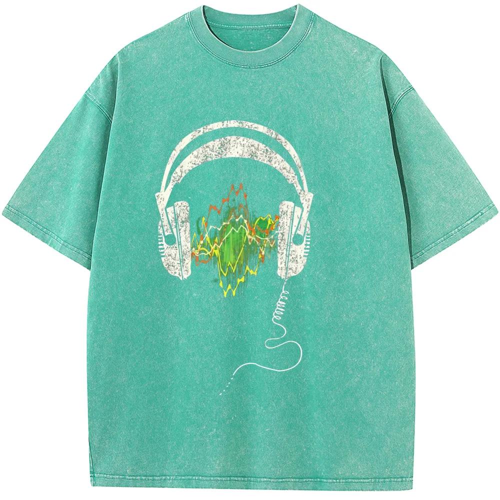 Music Forest Headset Men's Short-Sleeved Washed T-Shirt 230g Cotton Bleached Tshirt Tops Fashion Loose Bleach T shirt