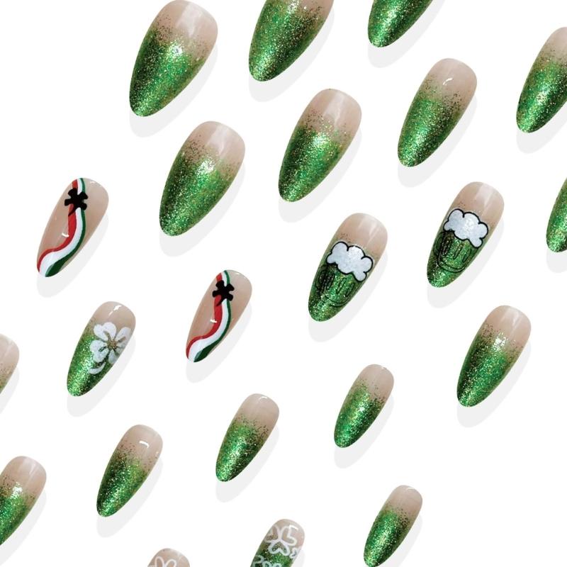 ABS Press On Nail 24Pcs Decorated in Green Glitters Four Leaf Clovers Motif for Festive Look and Good Fortune