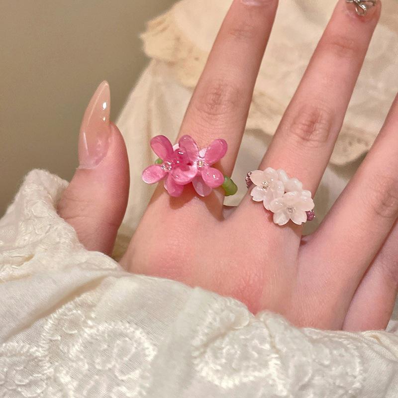 Colorful Beaded Flower Rings For Women Girls Korean  Sweet Large Flower Finger Rings Jewelry Aesthetic Y2K Accessories