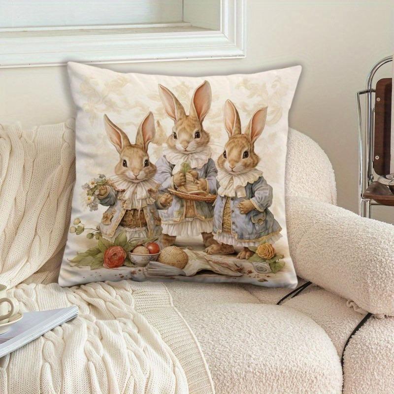 Vintage Easter Bunny Family Pillow Cover Victorian Style Floral Decor Soft Cozy For Sofa Bed Living Room Spring Easter Gifts
