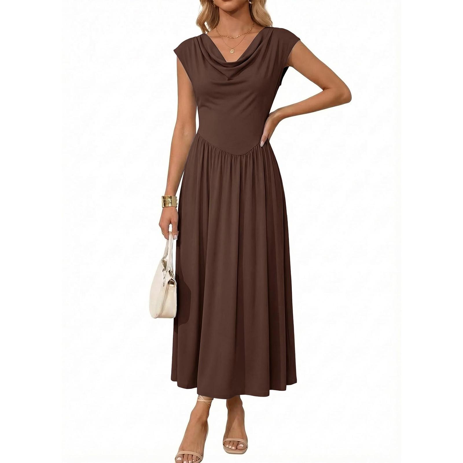 

Women s Fashionable Color Short Sleeved Long Casual Temperament Long Dress M коричневий