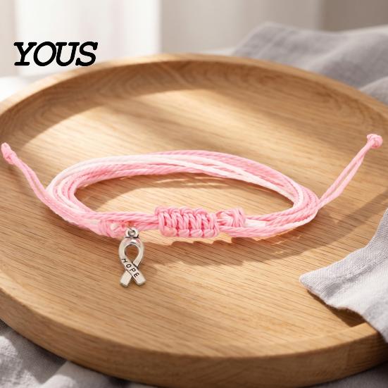Heart Butterfly Alloy Pendants Breast Cancer Awareness Bracelet for Women, Adjustable Woven String with Simple Style Braided Jewelry Ribbon