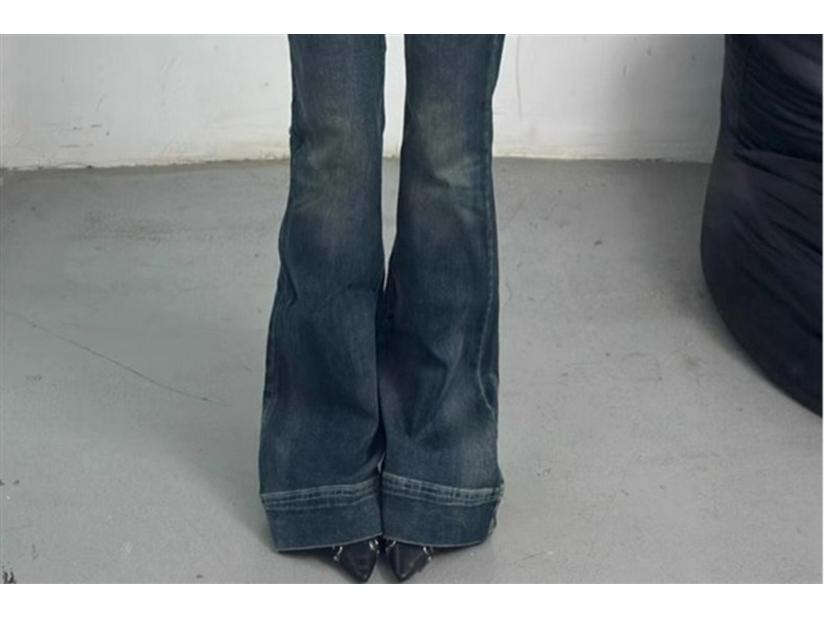 Women's American Spicy Girl Low-Rise Distressed Flare Jeans - Designer Feel, Floor-Length Elastic Fit