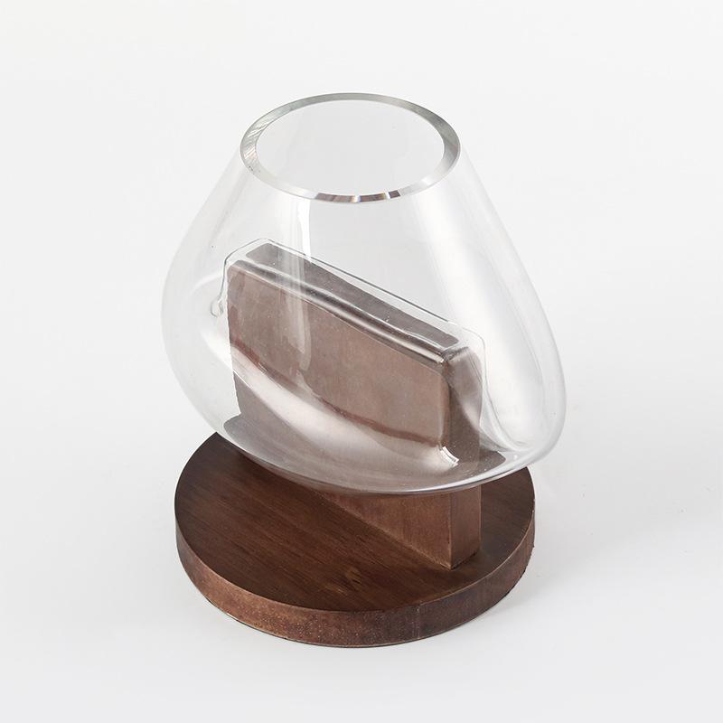 Geometric Transparent Glass Vase, Living Room Decoration, Wooden Base, Glass Container, Flower Arrangement, Home Decoration