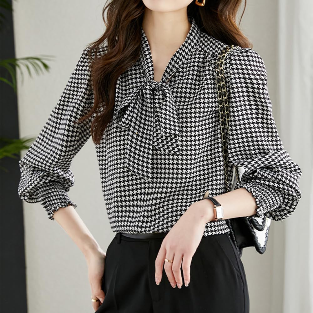 Bidason Hahnentritt Langarm mit und Elegant Ballonärmel Locker Perfekt für Alltag und Winter Damenbluse, Band, Stilvoll, Elegant, Niedlich, Ärmel,