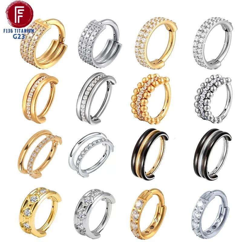 G23 Titanium Daith Cartilage Earrings 16G Helix Nose Septum Piercing Conch Hinged Clicker Body Jewelry Ear Ring Zircon