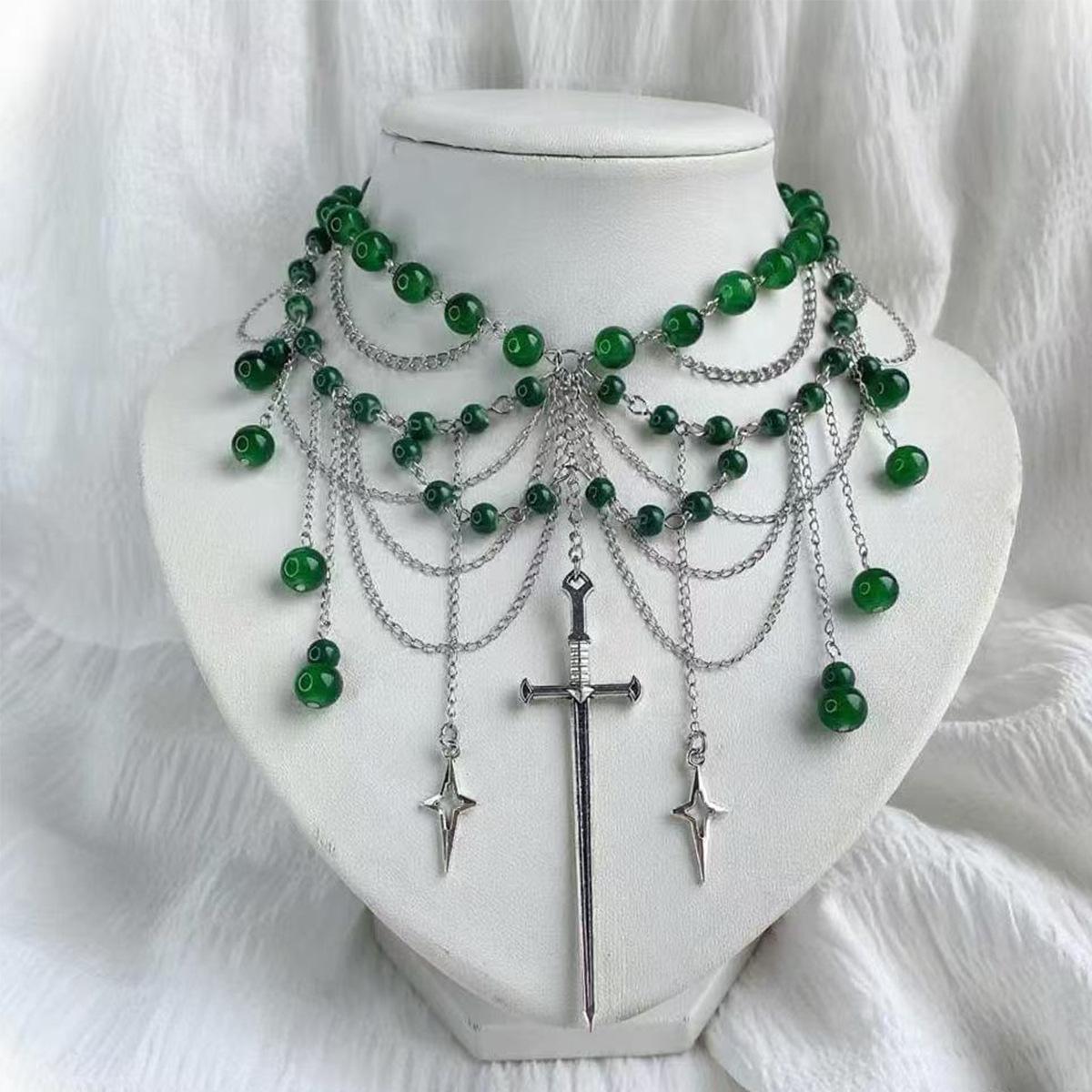 Stacked fringed necklace European and American retro gothic accessories green beaded multi-layer choker neck chain