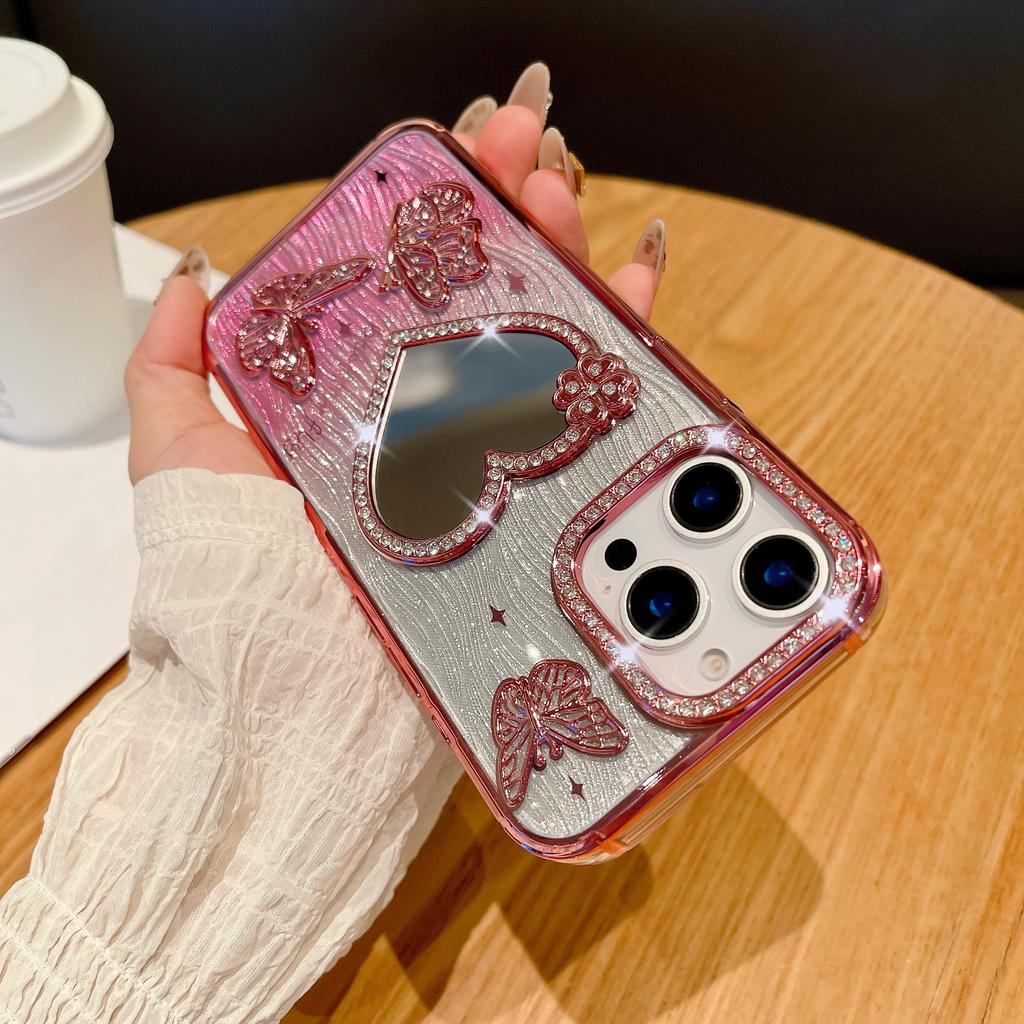 Sparkling Diamond Love Mirror for IPhone 16 Promax Phone Case for Apple 15 Water Ripple Gradient Soft Case