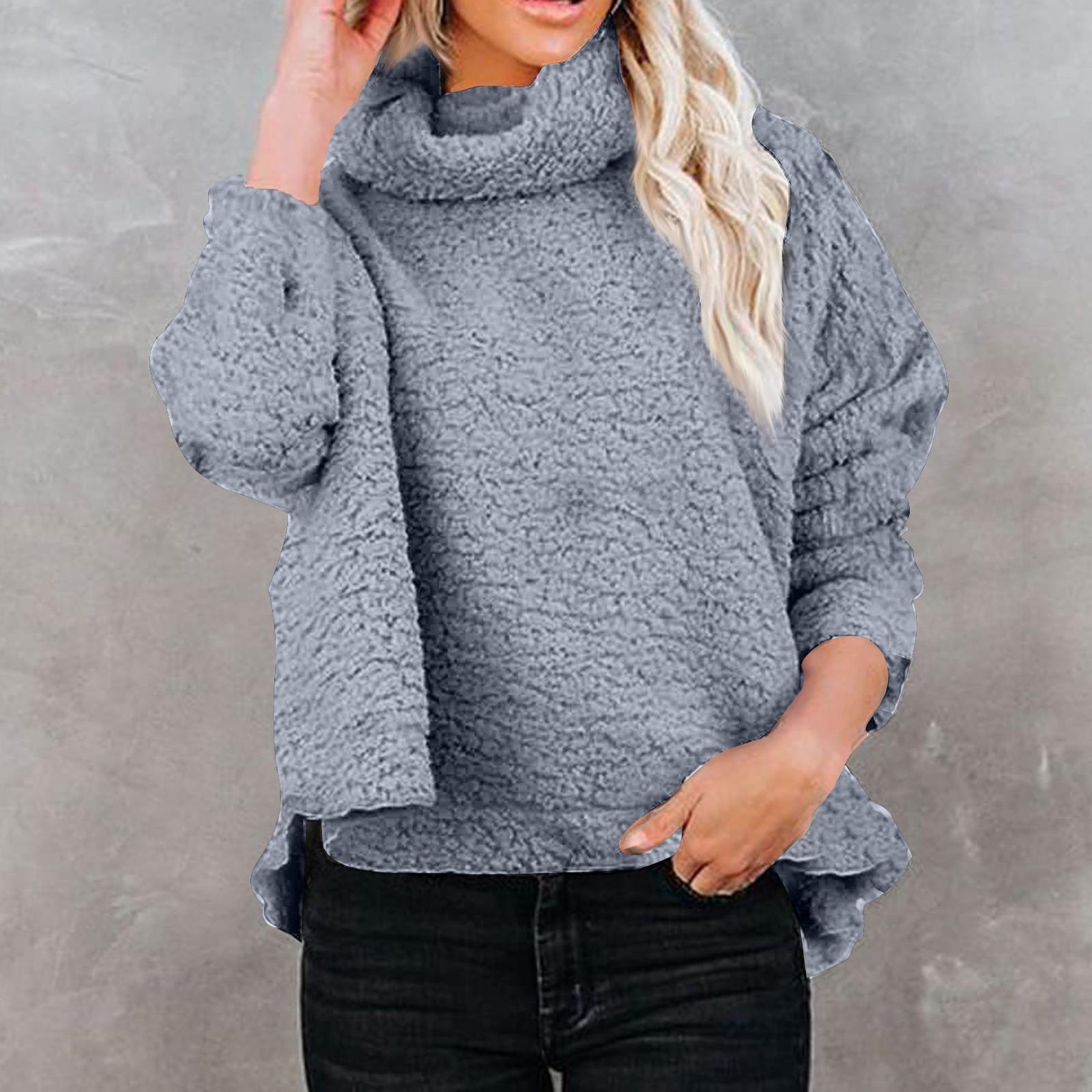 

Женская мода повседневная пушистая однотонная толстовка с высоким воротом из плюша XL светло-серый