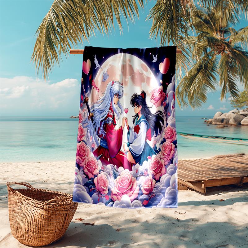proof beach towel with Inuyasha & Kagome pattern - soft,absorbent,quick-drying,machine washable - perfect for swimming,camping,bathing