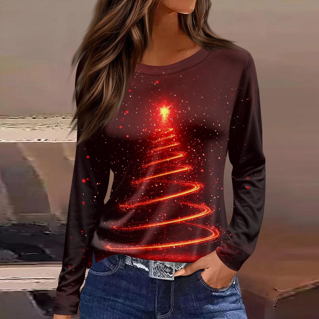 Damenmode Lässig Schlitzsaum Rundhals Langarm Locker Weihnachten Bedrucktes T-Shirt Damen Oberteil