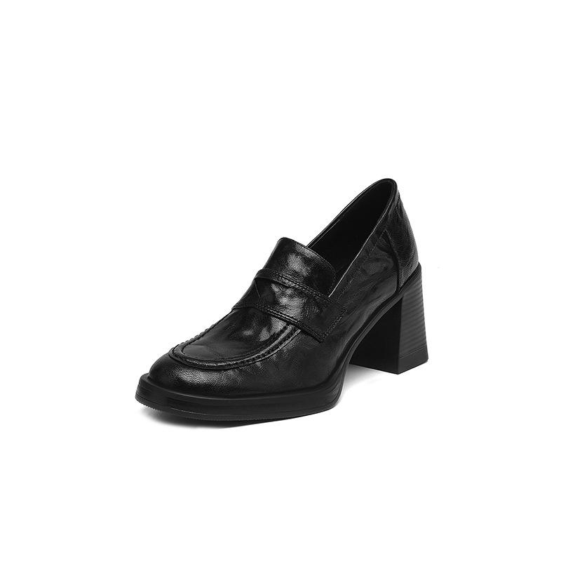 Hand-clutched Sheepskin High-heeled Versatile Deep-mouth Single Shoes Women's 2025 Autumn New British Retro One-pedal Thick-heeled Loafers