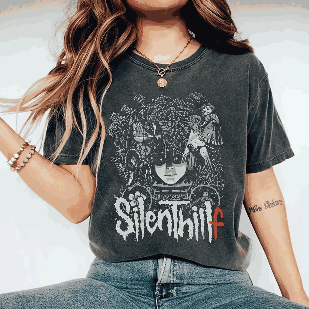 Classic Game Tees Vintage Washed Silent Hill F Horror GameGraphic Print Enthusiast Psychological Fans Tee Men Women Cotton Top