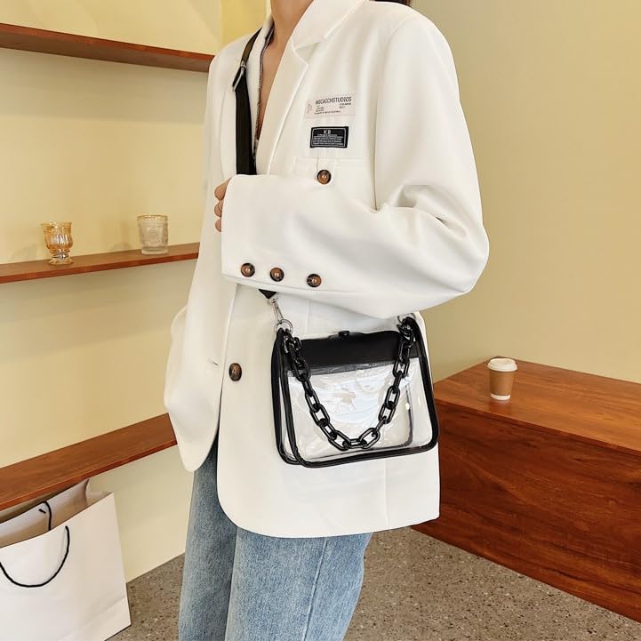 Harujio Clear Shoulder Summer Transparent Mini Clear Stylish Vinyl White Bag, Women's Bag, Bag, Small, Bag, Bag, Cute, Black, (Black)
