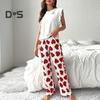 Damen-Pyjama-Set aus Satin mit Rüschenbesatz, Tanktop und Hose mit weitem Bein, lässiges 2-teiliges Homewear-Lounge-Set