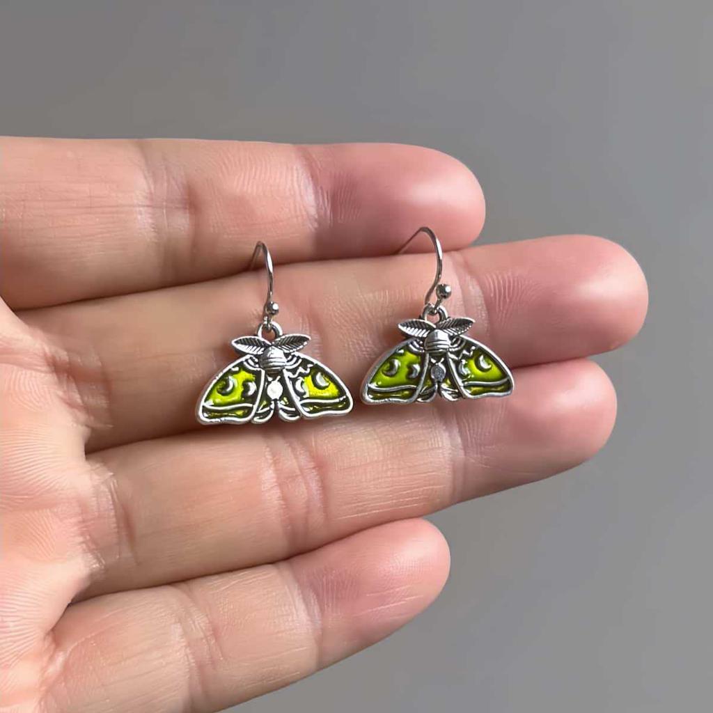 Gothic Retro Green Moth-shaped Moon Sun Carved Pattern Stud Earrings for Men Women Halloween Party Punk Personality Jewelry Gift