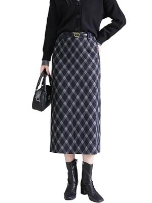 Syvent Úzka Dlhšia Kockovaná Plus Elastická Midi Vysoká Dlhá Sukňa s Jednoduchou ZSY111 A-Línia Sukňa, Sukňa, Vzor, Veľkosť, Pás, Tweed, Rozpark, Dĺžka, Pás,