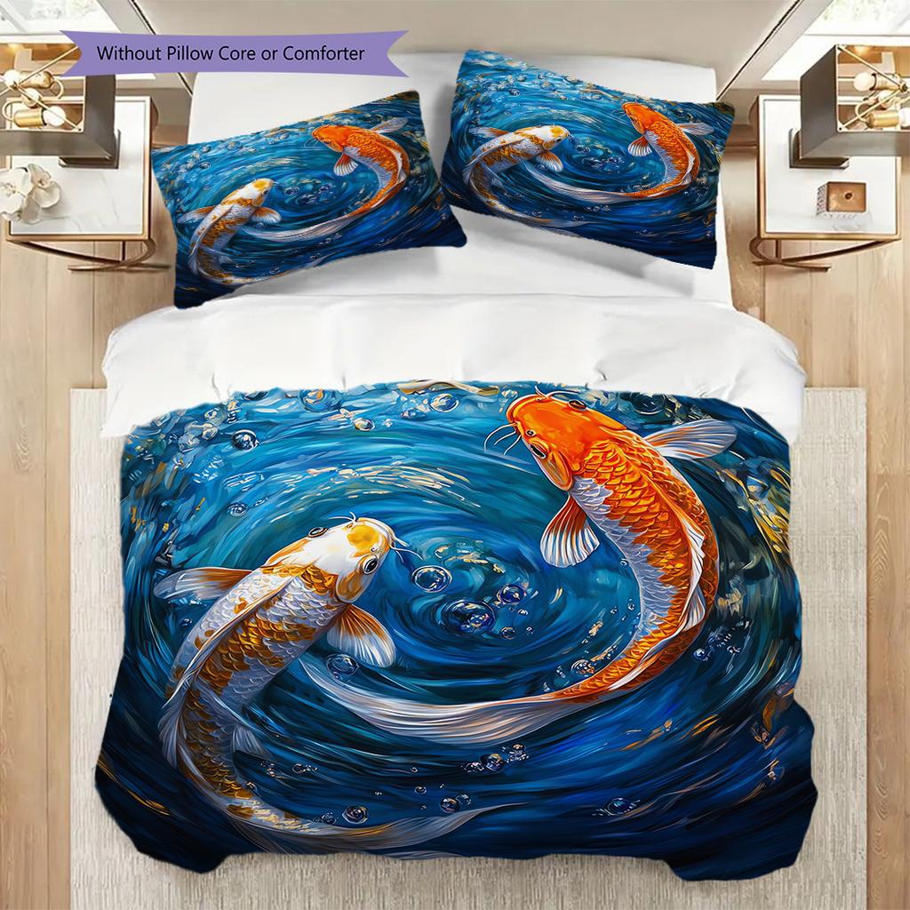 Koi Fish Pattern Bedding Quilt Set Quilt Cover Pillowcase Home Decoration Birthday Gift (1 * Duvet Cover + 2 * Pillowcase, Without Core)