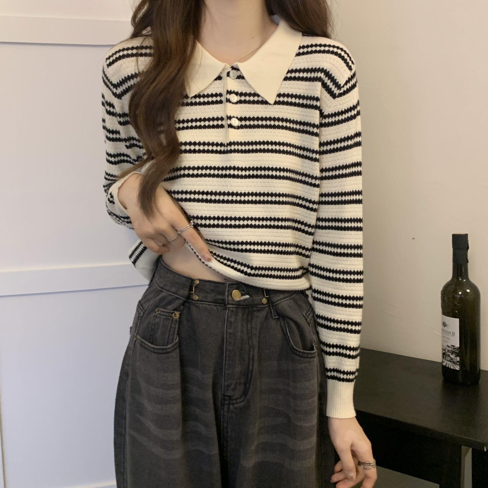 

Plus Size Women s Striped Polo Collar Long Sleeve Sweater - Slimming Knitted Base Shirt for Autumn/Winter. 4XL [170-200 jin] абрикосовий