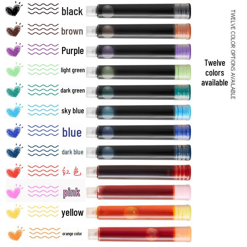 12 Color Universal Fountain Pen Ink Cartridges, Non-Carbon, 3.4 Caliber, Replaceable for Students