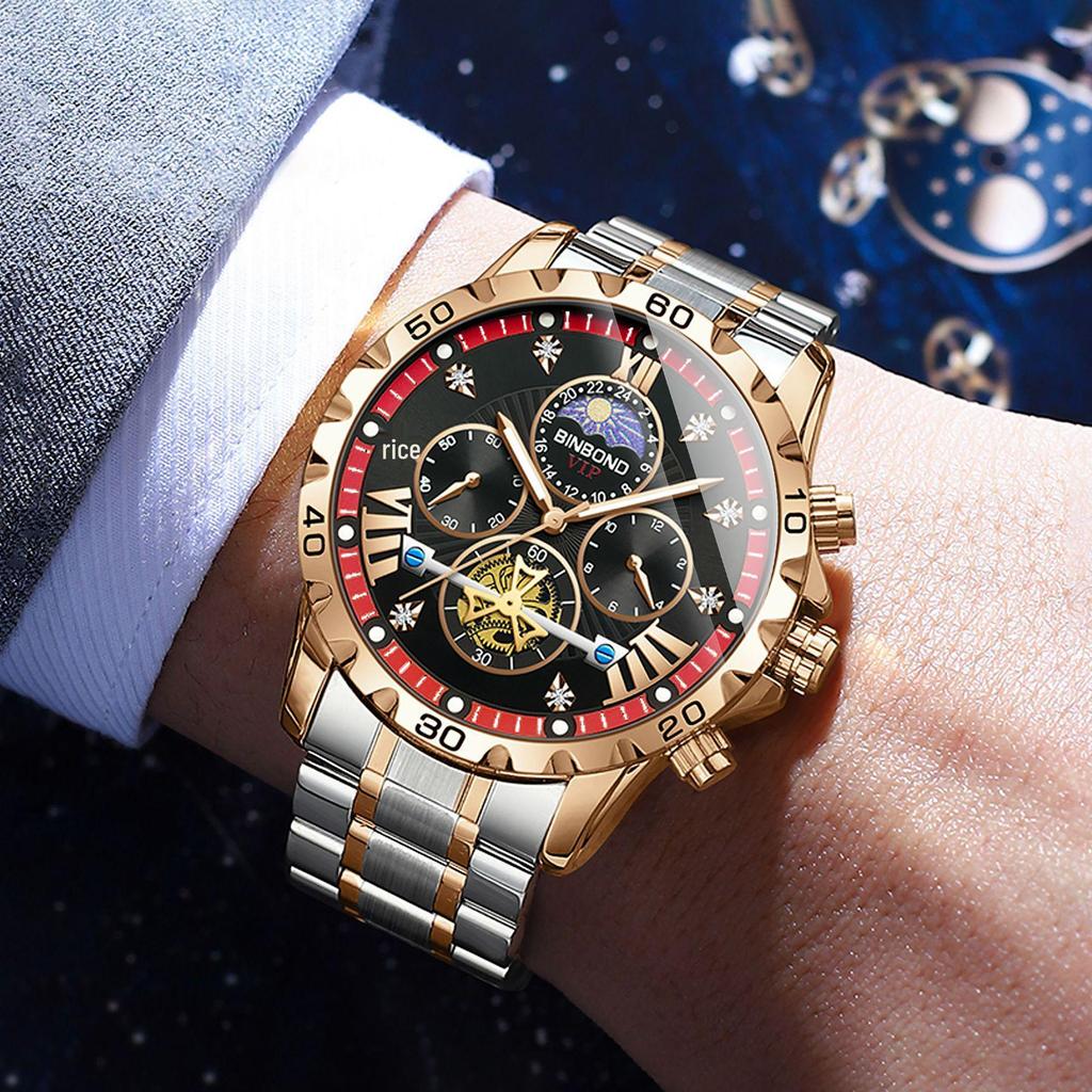 Binbang BINBOND Men's Luminous Waterproof Quartz Flywheel Watch - Genuine Business and Student Style, High-End Design.