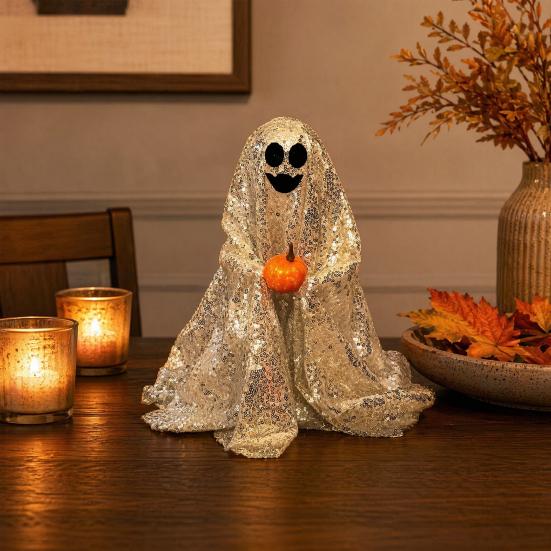 Dekoracja Duch na Halloween, Błyszcząca Figurka Ducha Zewnętrzna z Materiału z cekinami, Świecący Upiorny Duch na Imprezy Halloweenowe, Trawnik Zewnętrzny, Dekoracja Werandy