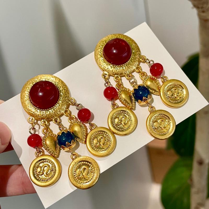 Vintage Retro Colorful Crystal Tassel Earrings with Heart and Coin Pendants for Women