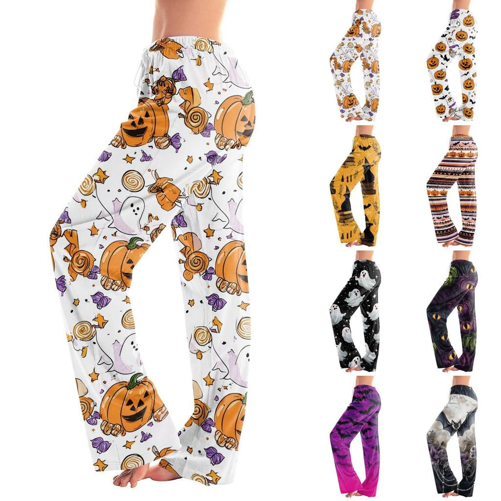 Women's Drawstring Lounge Pants Halloween Print Casual Pants Elastic Waistband Relaxed Fit Full Length Soft Fabric
