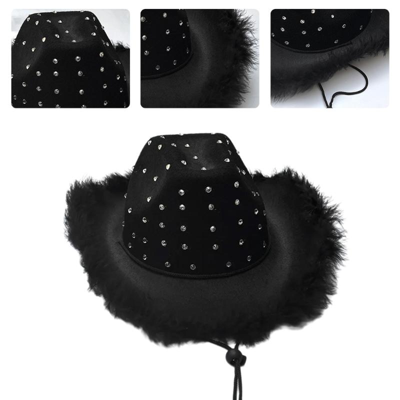 Feathered Trim Western Hat with Rhinestones Studded for Music Festival Cosplay Costume Headwear Carnivals Party Accessory
