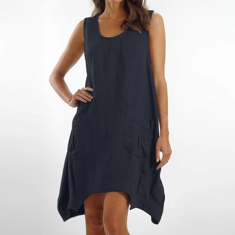 IHUASU Fashion Summer Spring Solid Color Print Sleeveless O-Neck Casual Dresses