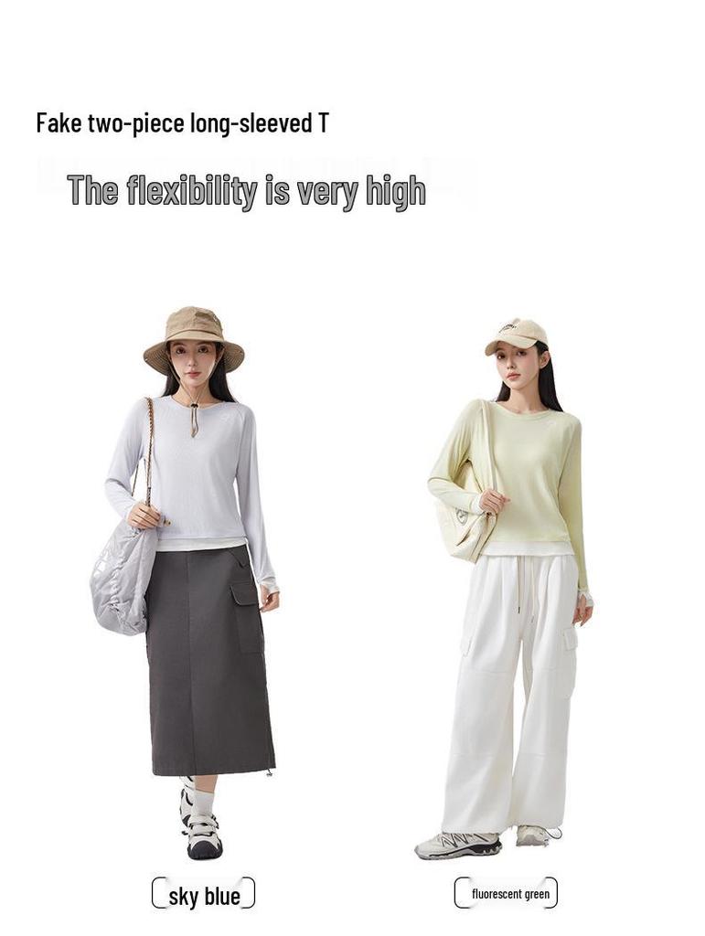 Dámské průsvitné tričko s dlouhým rukávem z lyocellu a lnu slim-fit s designem falešného dvoudílného vzhledu