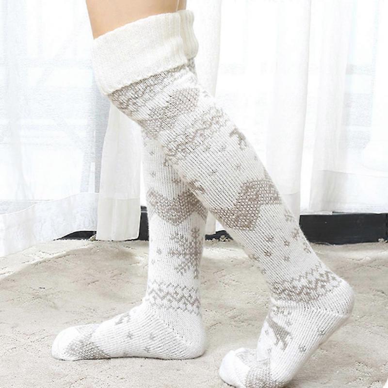 Women Winter Chunky Knit for Extra Long Boot Socks Christmas Elk Snowflake Patterns Soft Cozy Warm Over Knee Thigh High Stockings Leg Warmers Gray