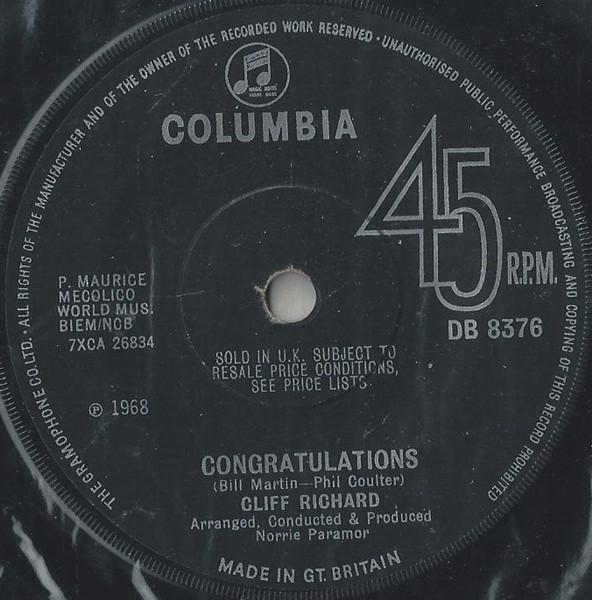 

7-дюймовая пластинка CLIFF RICHARD Congratulations DB8376 Columbia 1968 Великобритания Рок Б/у