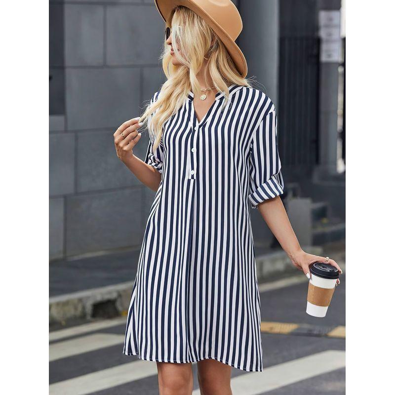 

Amazon Cross-Border Foreign Trade European and American Women s Clothing 2024 Fall Stripes Long Sleeves Dress Fashion Button V-neck Shirt Navy blue XL