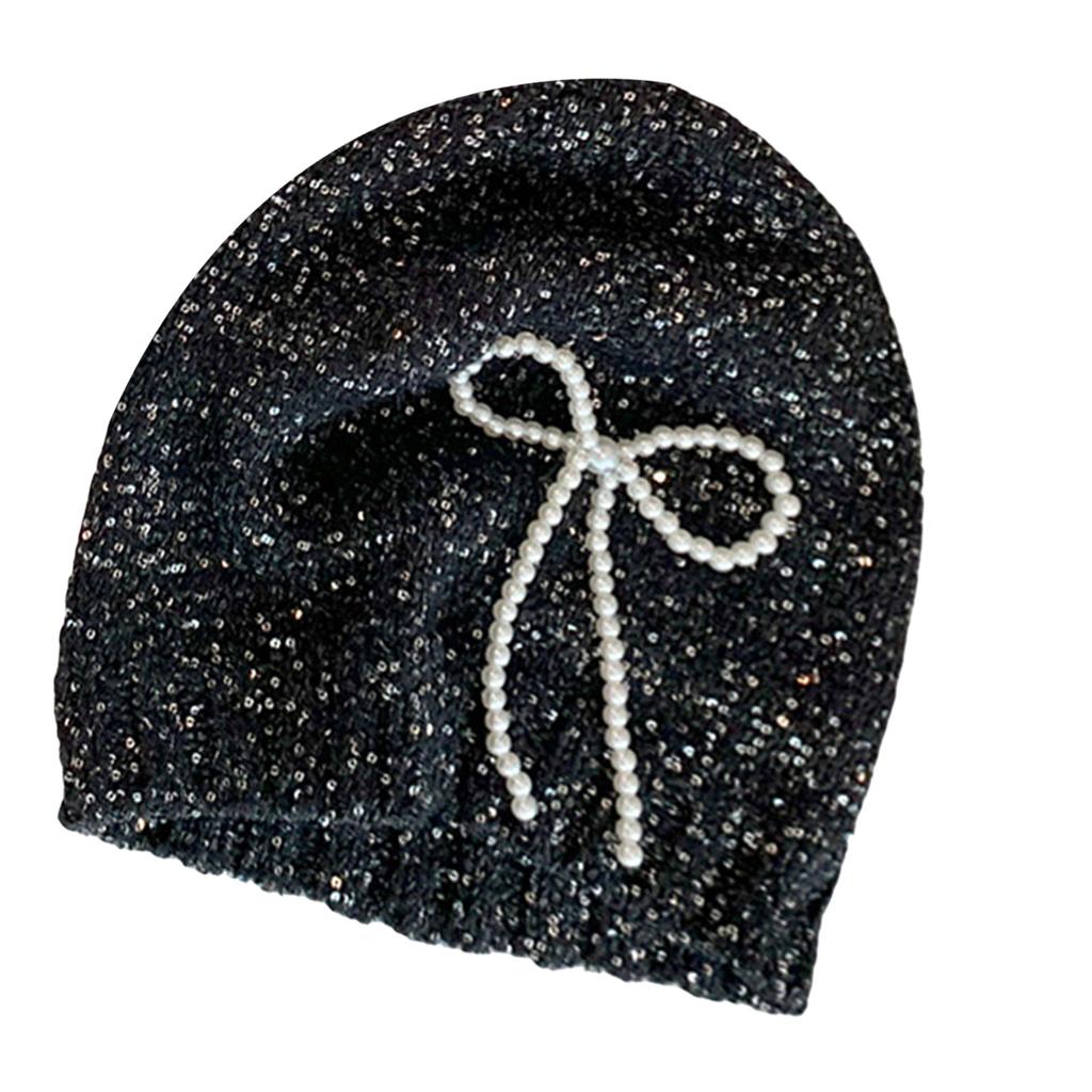 Pearl Bows Knitted Hat Elegant Ladies Hat Comfortable Soft Hat Shiny Glitter Hat for Men and Women
