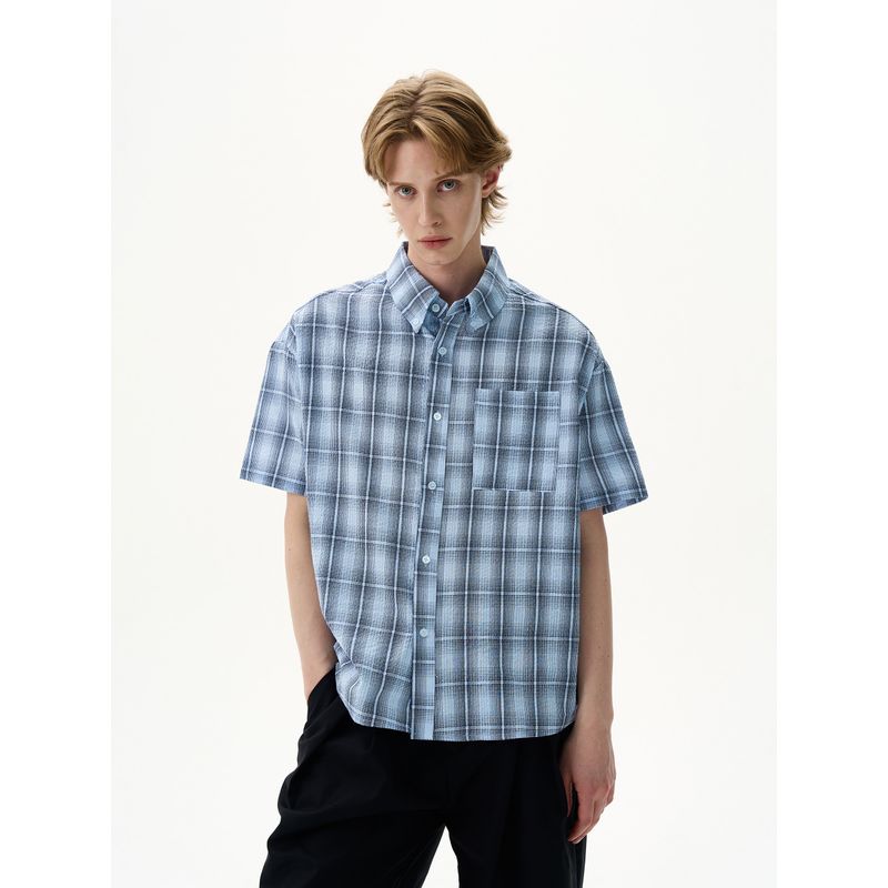 KISKO Summer American Seersucker Blue Gingham Casual Short Sleeve Shirt Men's and Women's Fancy Loose Shirt Ins