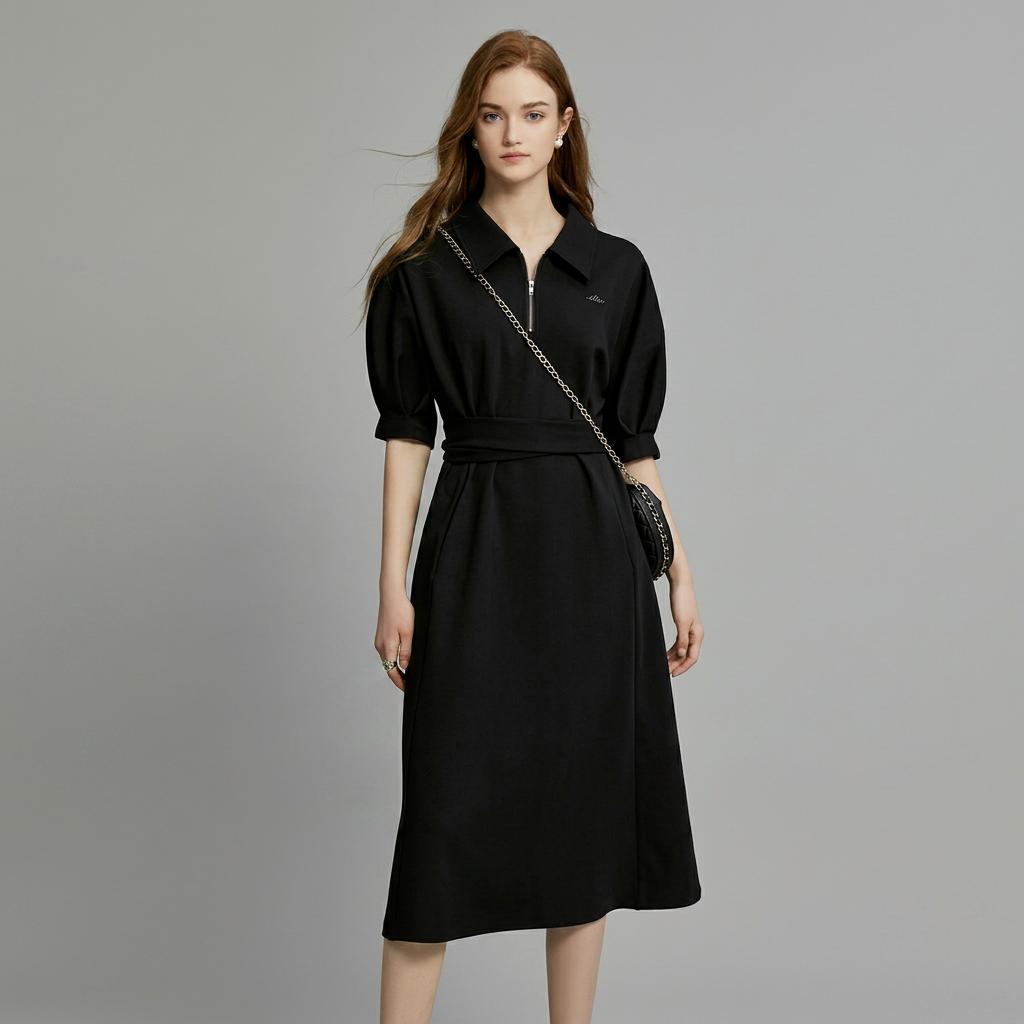 ELLE Polo Collar Design High Waist Midi Dress Slim Fit Elegant Short Sleeve Dress Women Dresses EL34321