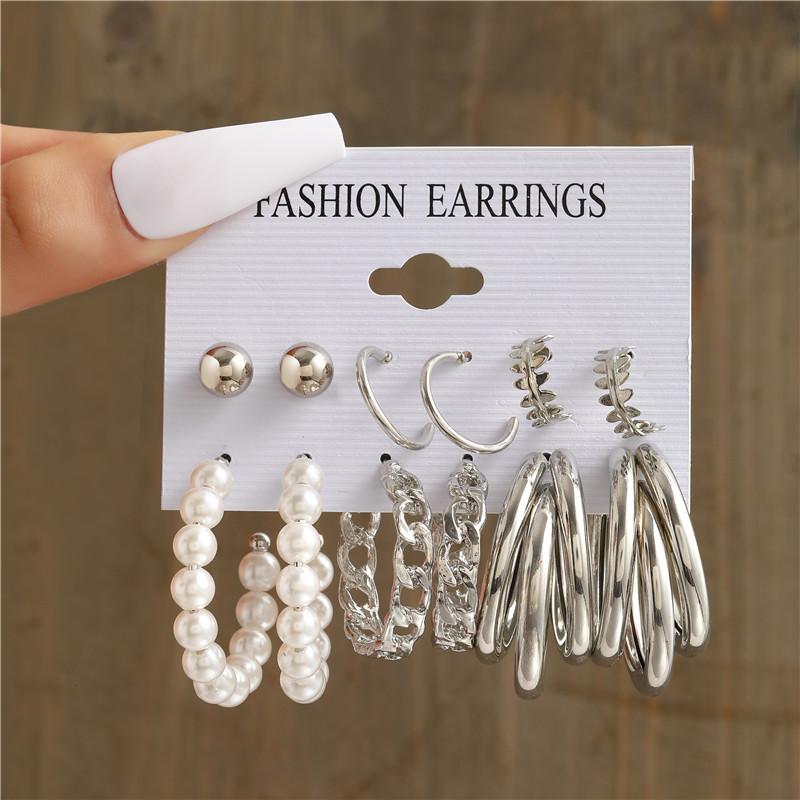Silver Color Butterfly Earrings Set For Women Girls Vintage Pearl Circle Geometric Twist Hoop Earrings Trendy Jewelry Gifts