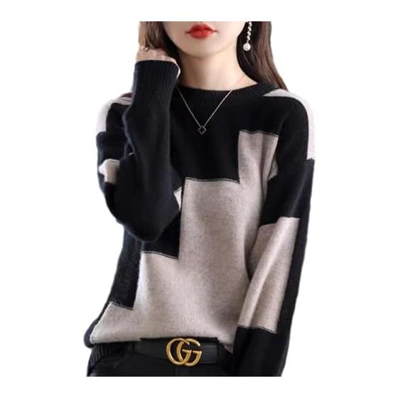 [MaadeaNoeTe] Women s Sweater, Tops, Knit, Long Sleeve, Round Neck, Undershirt, Color Matching, Soft, Warm, Loose, Stylish, Slimming, Cute, Casual,