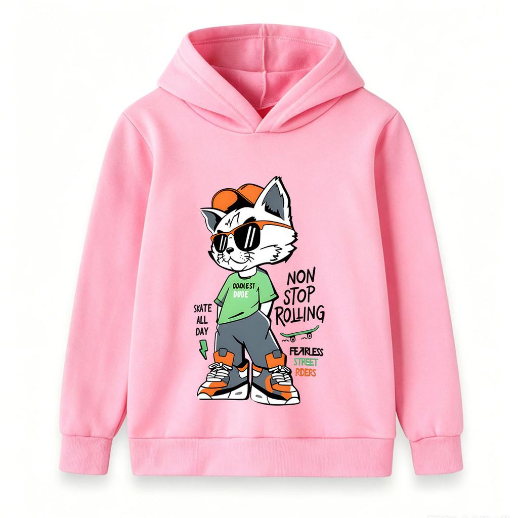 Kids Boys Girls Pullover Hoodie, Cool Hip Hop Cat Cartoon Printed Casual Hooded Sweatshirt, Non Stop Rolling Street Style Comfortable Hoody for Childr