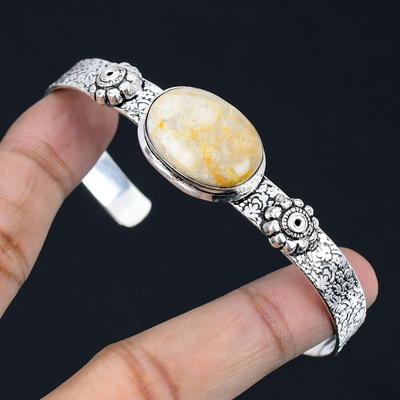 Natural Fossil Coral Gemstone 925 Sterling Silver Bangle Adjustable For Girls