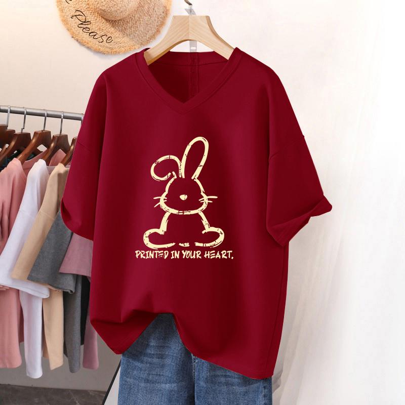 

Женская футболка с коротким рукавом, большого размера, свободная и стройнящая, топ с V-образным вырезом с принтом M